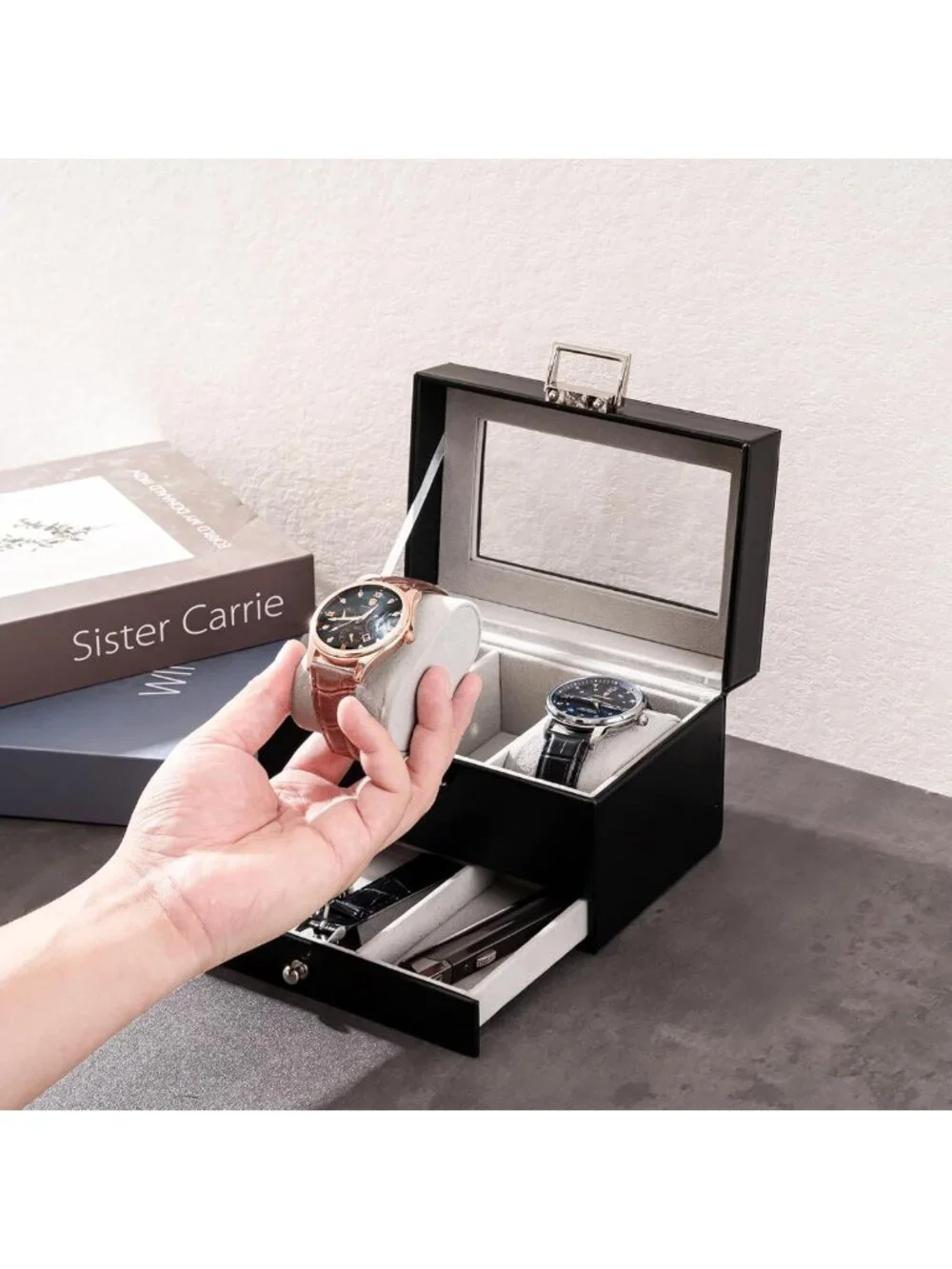 Elegant 3-Slot Watch Display Case with Drawer - Stylish Black Storage Box